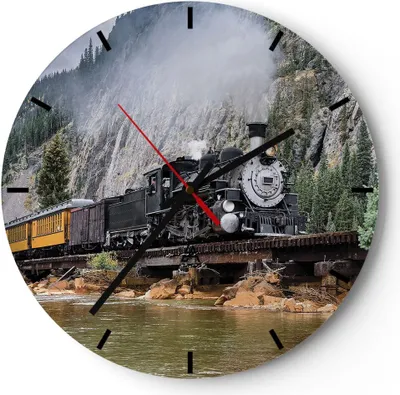 Produktbild von Wanduhr - Rund - Glasuhr - Alt Lokomotive Berge - 30x30cm - Schleichendes Uhrwerk - Lautlos - zum Aufhängen bereit - Dekoration Modern - Wanddekoration aus Glas - C3AR30x30-4581
