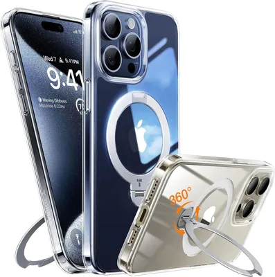Three clear phone cases for an iPhone 15 Pro are displayed, one with a kickstand and ring holder.