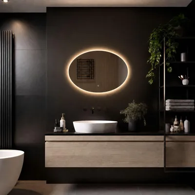 Image de LoXa – Miroir de salle de bain Rondo avec LED 100 × 70 cm – Design rond – Éclairage périphérique – Dimmable – Antibuée – Fonction mémoire –tactile – Économe en énerg