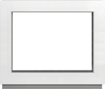 A white window frame with a clear glass pane, presented on a white background.
