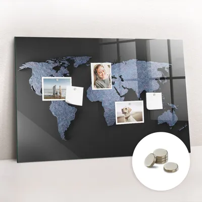 Obrázok produktu pre Magnetická tabuľa na stenu - Memo Tabuľa Sklenená - vrátane 5 magnetov - 90x60 cm - Mapa sveta 3D