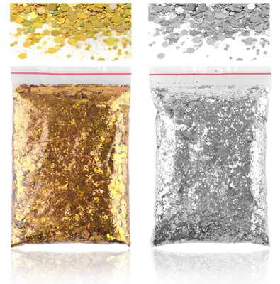 Produktbild von Glitzer-Pulver - 100g Set in Gold und Silber - Zum Basteln für Makeup, Nägel, Gesicht, Handwerk und Kartenkunst