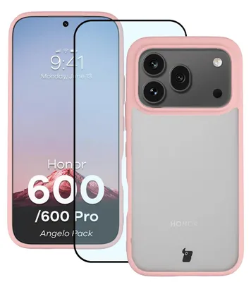 Produktbild von Schutzhülle + gehärtetem Glas für Honor 600 5G / 600 Pro 5G, Bizon Angelo Pack, Semitransparent mit hellrosem Rahmen