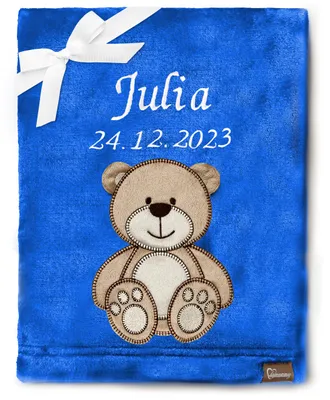Produktbild von Be Mammy Babydecke mit 3D Applikation bestickt mit Name und Geburtsdatum 76 x 102 cm BE20-280 (Dunkelblau – Bär, 76 x 102 cm)