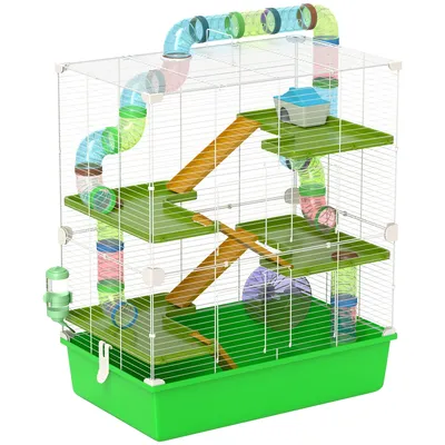 Produktbild von PawHut Großer Käfig für Hamster, Nagetierkäfig, 5 Ebenen, mit Tunneln, Trinkrad, Hausleitern, Abmessung 59 L x 36 B x 69 H cm
