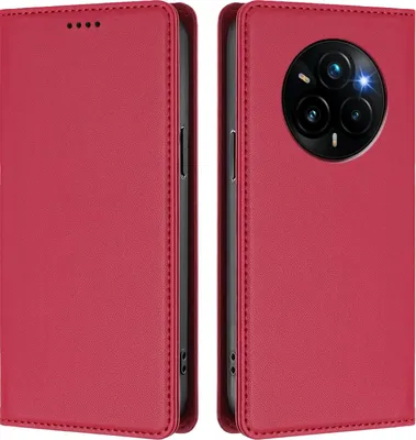 Image de Étui en cuir pour Realme 14 Pro+ 5G, étui à rabat magnétique en cuirPolyuréthaneavec support, rouge