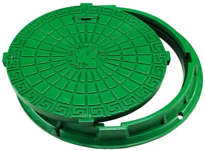 A green manhole cover and its frame are shown against a white background.
