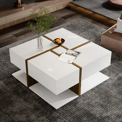Immagine prodotto di tavolino da salotto okwish 78*78*34.8cm, tavolino con spazio di archiviazione sottostante, con funzione bar, design unico a linee di colore (colore bianco e legno)