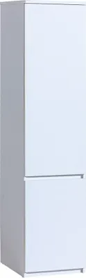A white wardrobe with two doors, one above the other, shown from a slight side angle.