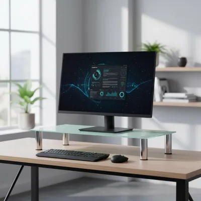 A monitor stand on a desk with a monitor, keyboard, and mouse.
