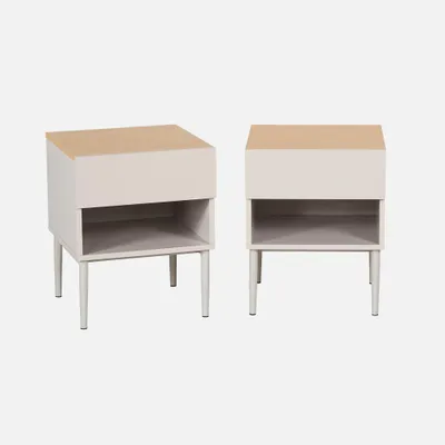 Immagine prodotto di Set 2 comodini in metallo e decorazione in legno 1 anta 1 vano, Beige