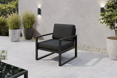 Obrázek produktu pro Margaret Hadas24 Zahradní křeslo Outdoor Madera Lounge – zahradní křeslo na terasu a balkon, odolné proti povětrnostním vlivům, kovová lavice s opěrkou, černá, šedohnědá