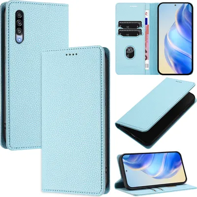 Image de Etui en cuir pour Samsung Galaxy A50/A50S/A30S, Litschi cuir, étui portefeuille avec fentes pour cartes et support bleu clair