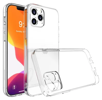 A clear protective phone case is shown next to an iPhone.
