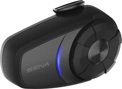 A black Sena motorcycle intercom device is shown from a side-angle.