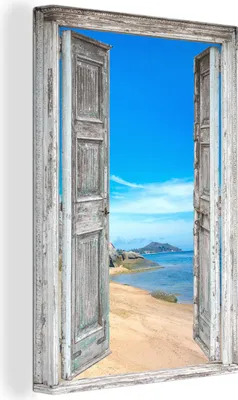 Produktbild von OneMillionCanvasses® - Leinwandbilder - 90x140 cm, Strand - Tropisch - Sommer - Blick - Meer, - Geöffnetes Fenster - Fensterblick Schlafzimmer Kunstdruck Wanddekoration - Foto auf Leinwand - Gemälde auf Holzrahmen  - Wandschmucke - Schlafzimmer