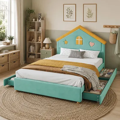 Immagine prodotto di Letto a castello per bambini 140x200 cm con 4 cassetti, letto a forma di casetta, letto matrimoniale con rete a doghe, letto imbottito con contenitore e testiera a forma di casetta, in velluto, colore verde
