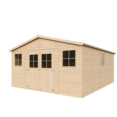 A wooden garden shed with windows and double doors, presented on a white background.