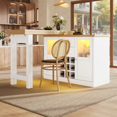 Produktbild von MODFU Esstisch Weiß mit 360° drehbare Tischplatten,Küchentisch mit mit LED,Stauraum und Weinregal,Ausziehbare Tischplatten von 120 cm auf 197 cm