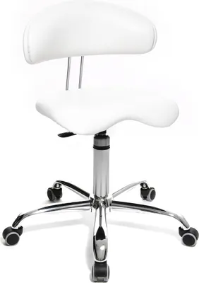 A white saddle-style office chair with a backrest and a chrome base with wheels, photographed against a white background.