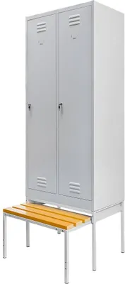 Zdjęcie produktu dla Szafka BHP ubraniowa metalowa pracownicza dwudrzwiowa Mega-M J-80 na podstawie z wysuwaną ławeczką szara skręcana