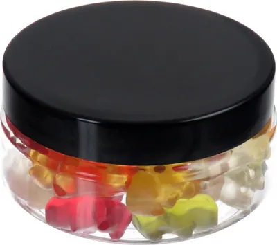Produktbild von 100 ml PET Tiegel transparent, flach, mit Plastikdeckel, schwarz, 20 Stück