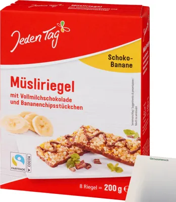 Produktbild von Jeden Tag Müsliriegel Schoko-Banane (200g Packung) + usy Block