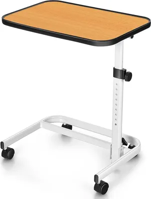 A mobile, height-adjustable bedside table with a light brown tabletop and white metal frame, shown against a white background.