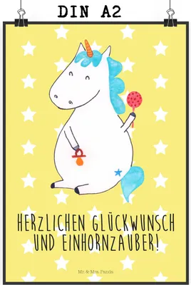 Produktbild von Mr. & Mrs. Panda Bild Einhorn Baby DIN A2 - Gelb Pastell - Geschenk, Kunstdruck, wandkunst, Unicorn, Geburtstag, Wandbild, Plakat, Einhörner, Geburt, Mutter, drucke