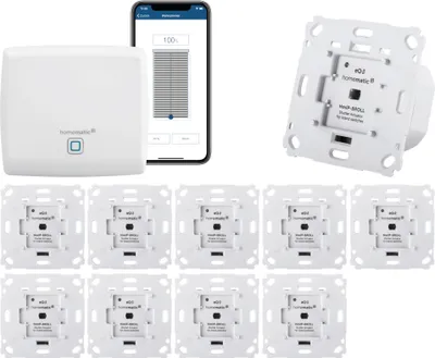 Produktbild von Homematic IP Rolladensteuerung für 10 Rolladen. Smart Home Set mit App zur Automatisierung der Rolläden. Ideal zur Nachrüstung. Alexa kompatibel. Inhalt: Access Point, 10 Funk Rolladenaktoren, Adapter.