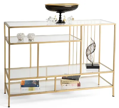 Immagine prodotto di Elegante consolle con cornice dorata e raffinato piano in vetro