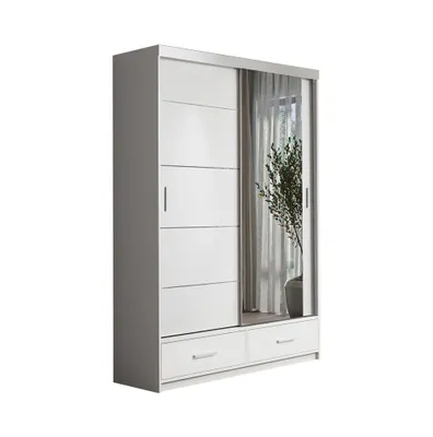 Produktbild von Kleiderschrank Schiebetürenschrank mit Schubladen 120cm breit zweitürig weiß mit Spiegel