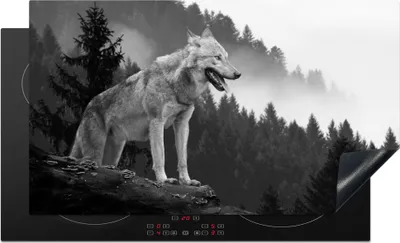 Produktbild von KitchenYeah© Herdabdeckplatte Wolf - Wald - Schwarz - Weiß , 89x51cm, Küche Deko, Glaskeramikkochfeld Herdabdeckung, Abdeckplatte fùr Kochfeld