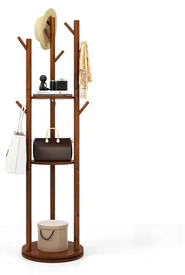 Image de Portemanteau en bois - Sur pied - Pivotant à 360° - 3 étagères - 9 crochets - Marron