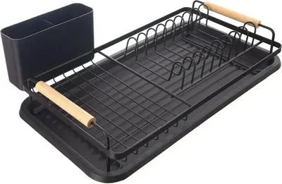 A black dish drying rack with wooden handles and a black utensil holder, shown on a white background.
