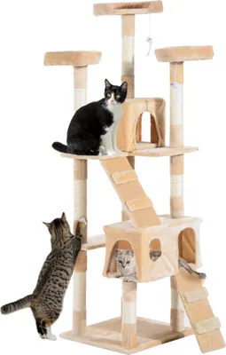 Produktbild von PawHut Großer Kratzbaum für Katzen, 49 x 49 x 173 cm, mit mehreren Ebenen, mit Höhlen, Treppen, Hängespielzeugen, Betten, Aktivitätscenter, Sisal, Beige