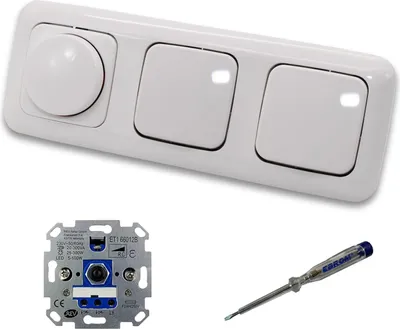 Produktbild von REV Ritter LED Drehdimmer Dimmer + Busch Jäger Dimmerscheibe 2115-214 und 2 x Kreuzschalter 2000/7 US in Reflex Si alpinweiß glänzend inklusive EBROM Phasenprüfer zur Montage der Geräte ET1 66012B