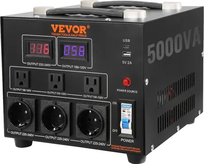 Productafbeelding van 5000VA spanningsomvormer, transformator, AC 110V ⇌ 220V. Transformator met 3x Amerikaanse NEMA 5-15R stekkeruitgangen (3-polig), 3x Europese Schuko-stopcontacten, 1x 5V USB-aansluiting en 1x Type-C poort