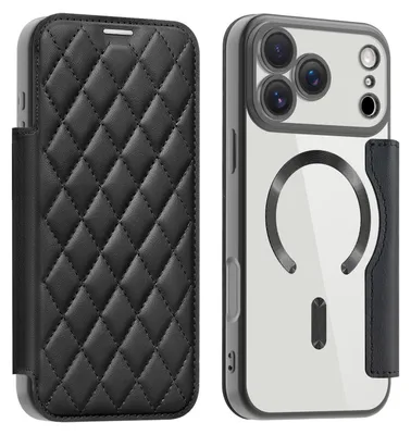 A product image showing a black quilted leather phone case, presented in two views: one closed and one open showing the phone inside.