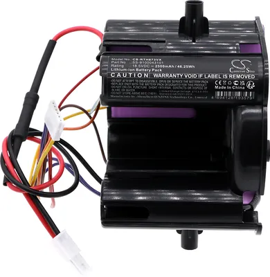 A black lithium-ion battery pack with colorful wires and a label with product information.