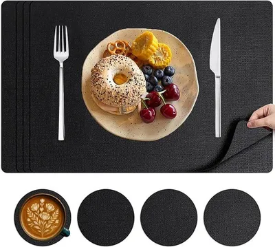 Produktbild von PolkaHome® Platzsets aus Kunstleder, 4er-Set mit Untersetzer, hitzebeständig, wasserdicht, ölbeständig, doppelseitige Tischmatten für