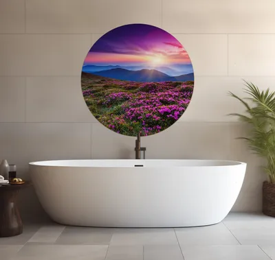 Produktbild von Wallario wasserfestes Poster selbstklebend 90 x 90 cm, Blumenbedeckte Wiese bei Sonnenuntergang, Badezimmerposter Spritzschutz mit Hochglanzoberfläche in Glasoptik