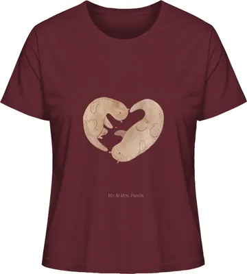 Produktbild von Mr. & Mrs. Panda Damen T-Shirt Kurzarm Otter Herz Größe M - Burgundy - Geschenk, Frauen, Basic Shirt, Baumwoll, Liebe, Oberteil