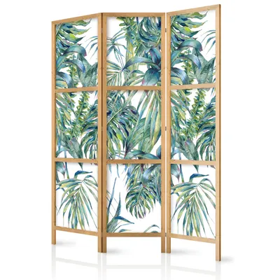 Produktbild von Paravent Tropische Blätter Monstera Palm Wedel 135x171 cm - 3-teilig - einseitig - eleganter Sichtschutz - Raumteiler - Trennwand - Raumtrenner - Holz - Design Motiv - Deko b-A-0369-z-b