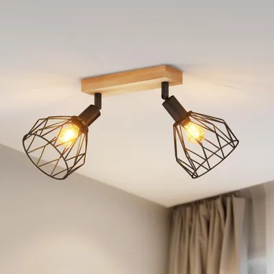 Immagine prodotto di LVWIT Plafoniera a 2 luci, attacco E14, ideale per corridoi, lampada da soffitto, faretto da soffitto nero in legno, applique orientabile a 350° per soggiorno, camera da letto, cucina (senza lampadine)