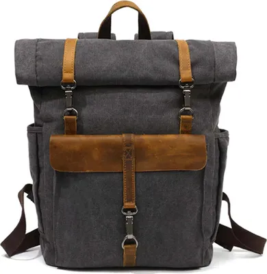 Produktbild von MORGNTAU Vintage-Rucksack "Ukiyo" - Canvas-Stoff/ Leder, Rolltop, 18l, Laptopfach, uvm. – Grau