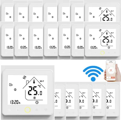 A collage of smart thermostat displays, a Wi-Fi symbol, and a smartphone showing a thermostat app.
