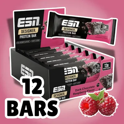 Produktbild von 12× ESN Designer Protein Bar Dark Chocolate Raspberry 45 g – Proteinriegel mit Zartbitterschokolade & Himbeerfüllung (540 g)