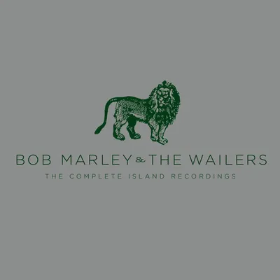 Album cover art for Bob Marley & The Wailers' complete Island recordings, featuring a green illustration of a lion and text.