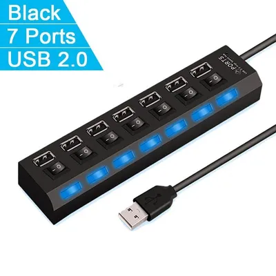 Produktbild von USB 2.0 Hub 7 Port, LED-Schalter, für PC und Laptop – Schwarz